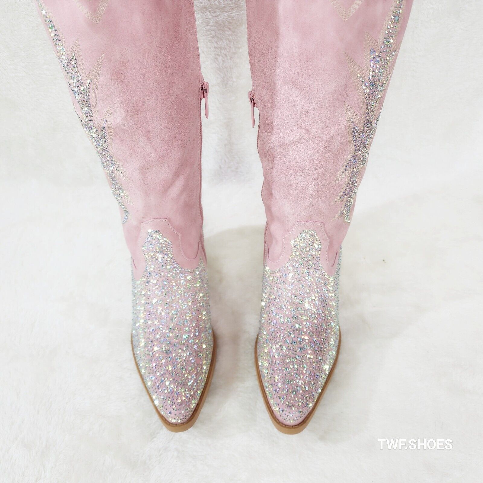 Annie Pink Leatherette With Rhinestones Country Glam Western Cowgirl Knee Boots - Totally Wicked Footwear