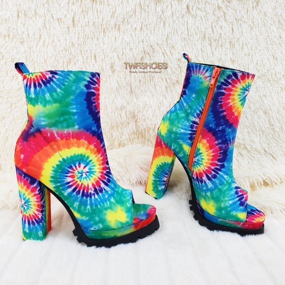 Trippin Colorful Tie Dye Open Toe Chunky Platform Heel Ankle Boots