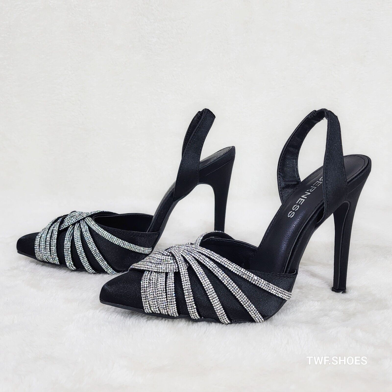 Elegance Slip on Slingback Black Satin Rhinestone Pointy Toe High Heels Shoes - Totally Wicked Footwear
