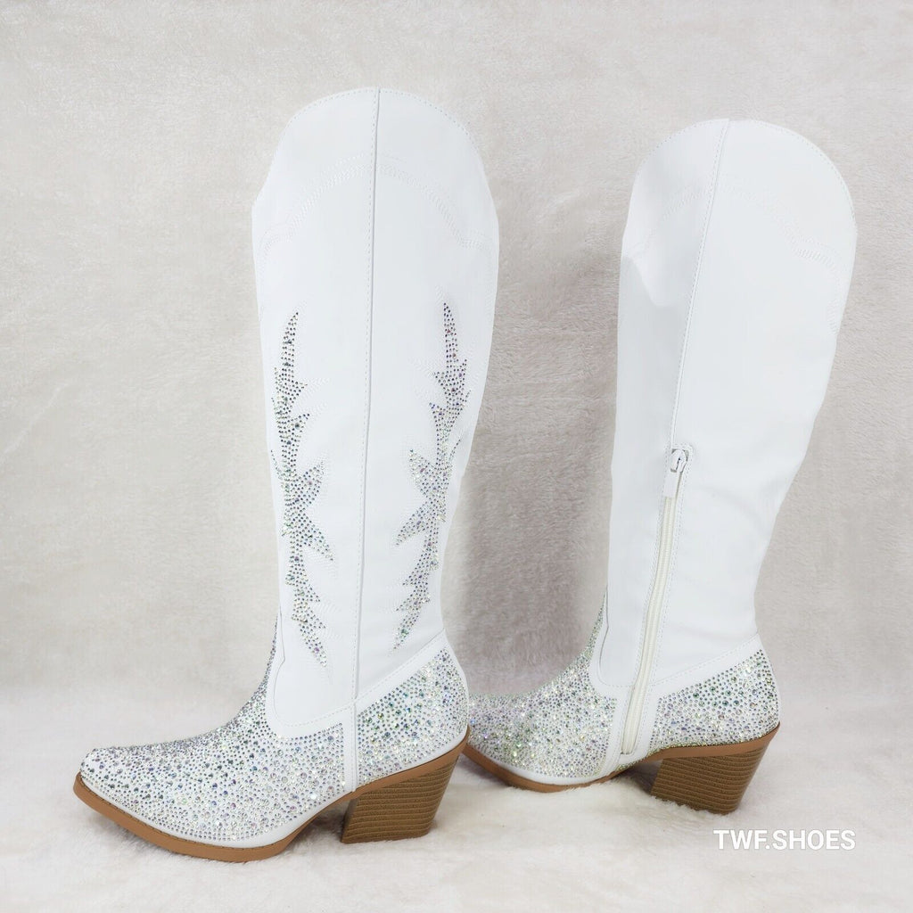 Annie White Leatherette With Rhinestones Country Glam Western Cowgirl Knee Boots - Totally Wicked Footwear