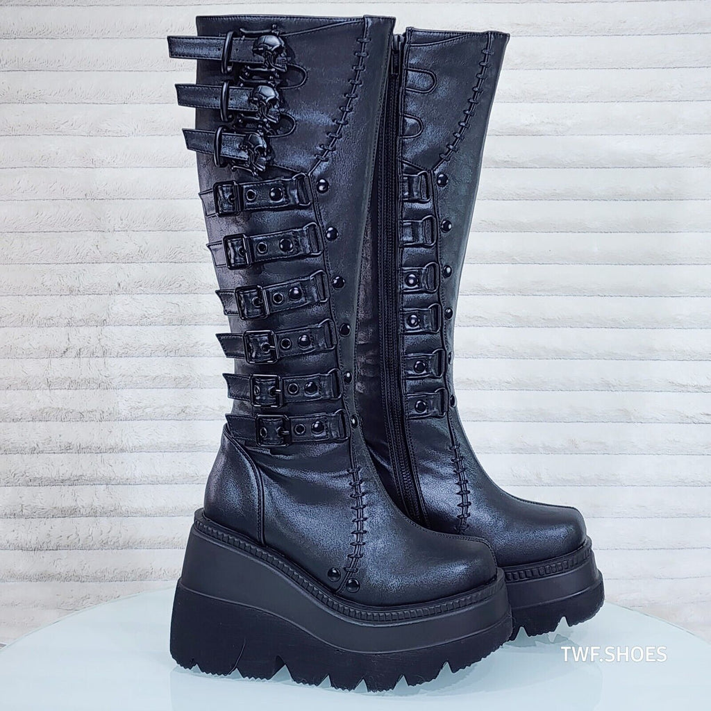Shaker Black Matte Platform 4.5" Wedge Heel Skull Buckle Knee Boots NY DEMONIA - Totally Wicked Footwear