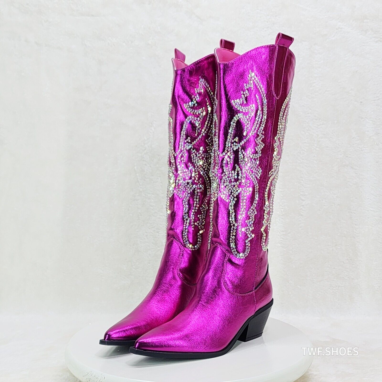 Razzle Metallic Pink Fuchsia Country Western Cowgirl Knee Boot Rhinestone Dazzle - Totally Wicked Footwear
