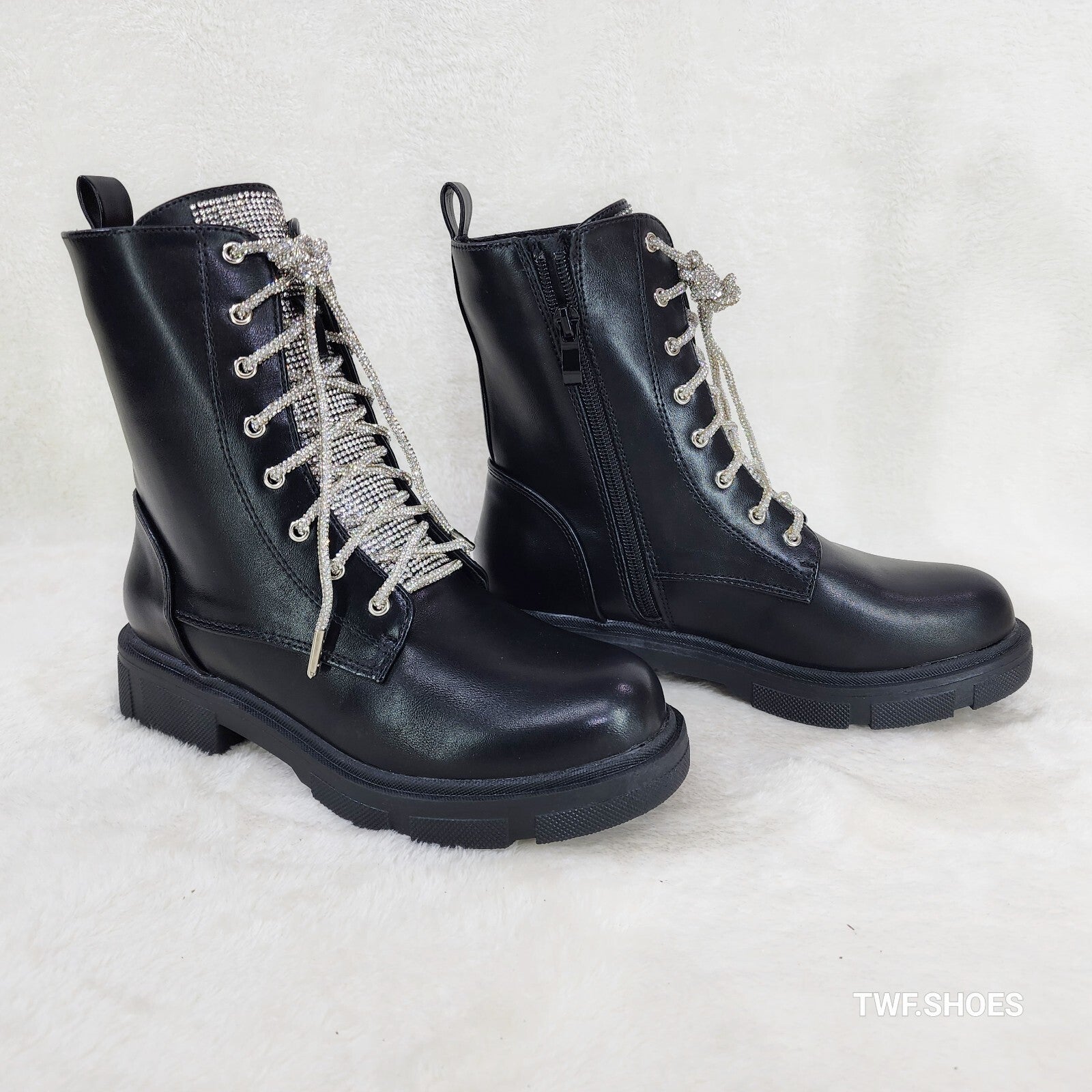 Rylee Black Combat Ankle Boots Iridescent Rhinestone Tongue & Rope Laces