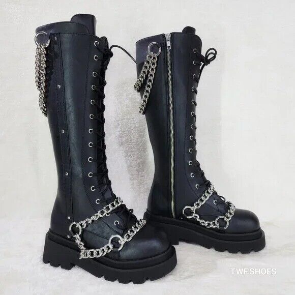 Renegade Lace Up Draped Chain Combat Knee High Boots Goth Punk Rocker Biker Boot