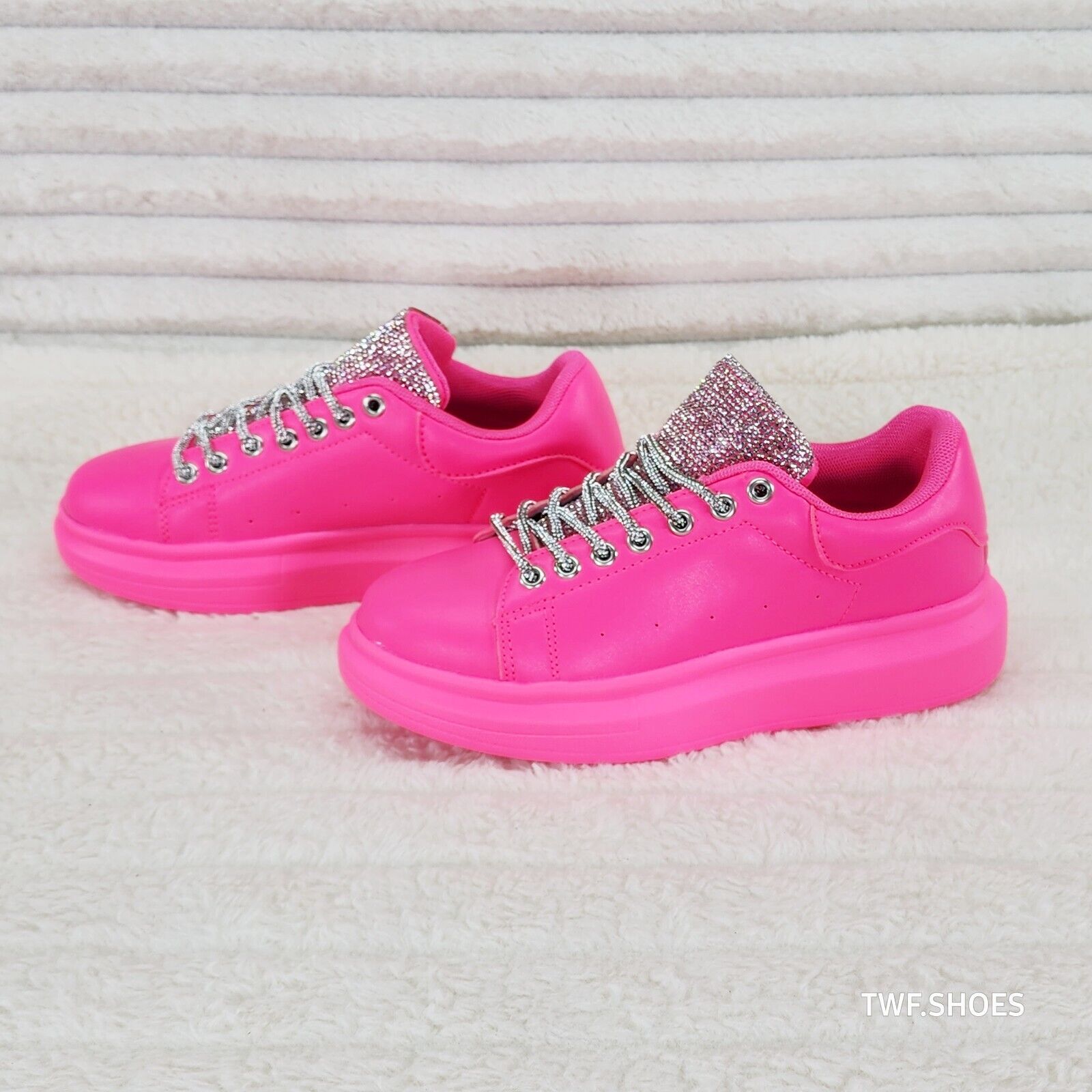Comfy Cush 4 Bright Neon Hot Pink Rhinestone Fashion Sneakers Tennis Shoes - Totally Wicked Footwear