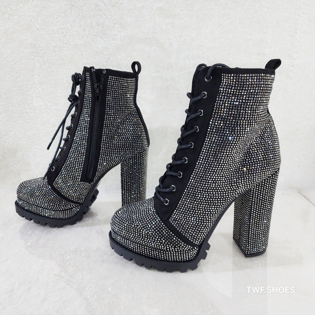 Wild Diva Vivian Lug Sole Rhinestone Chunky Block High Heel Ankle Boots Booties