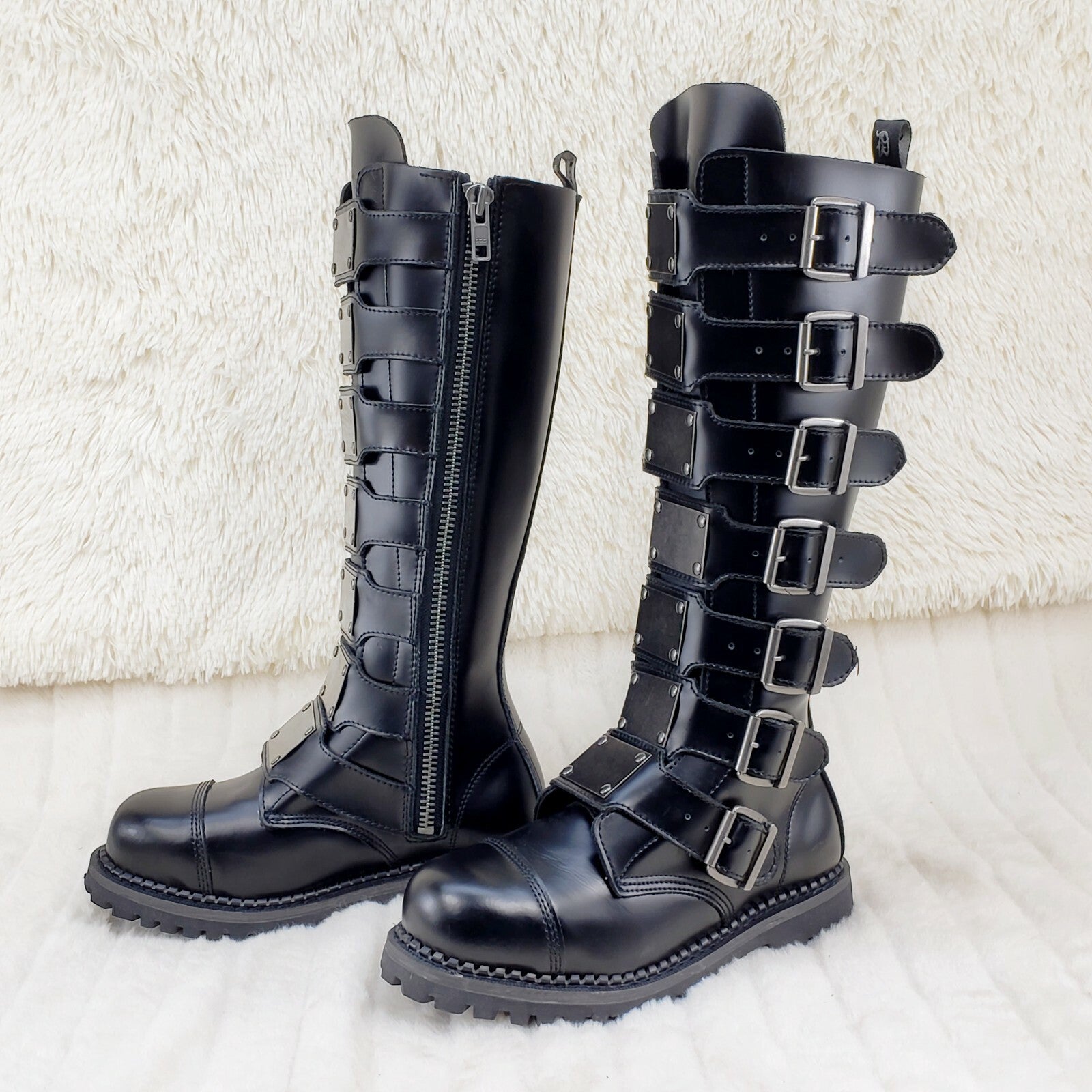 DEMONIA Riot 21 Goth Combat Biker Steel Toe Boots Black Leather Men's