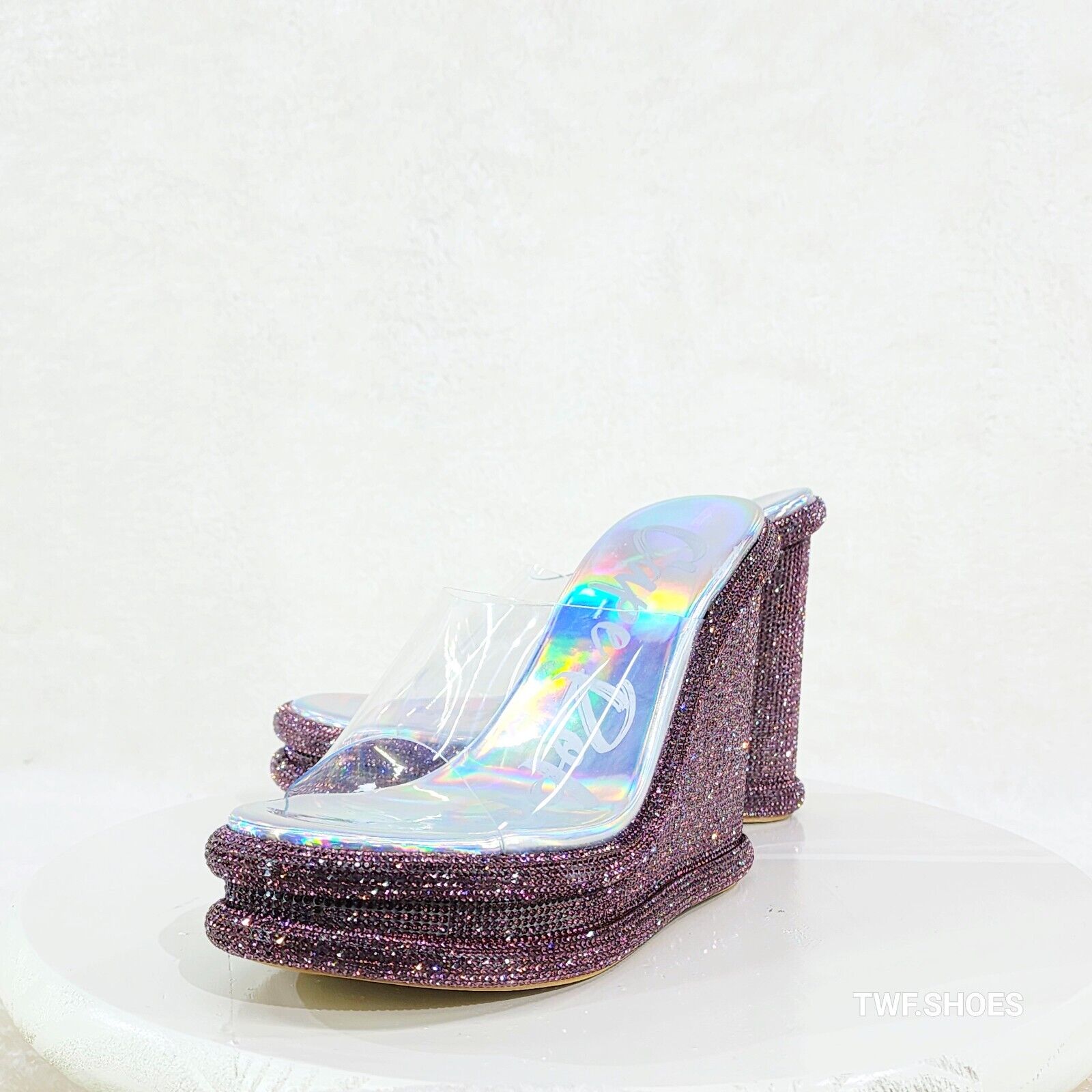 Zesty Purple Hologram Rhinestone Platform Wedge Heel Slip On Sandals - Totally Wicked Footwear