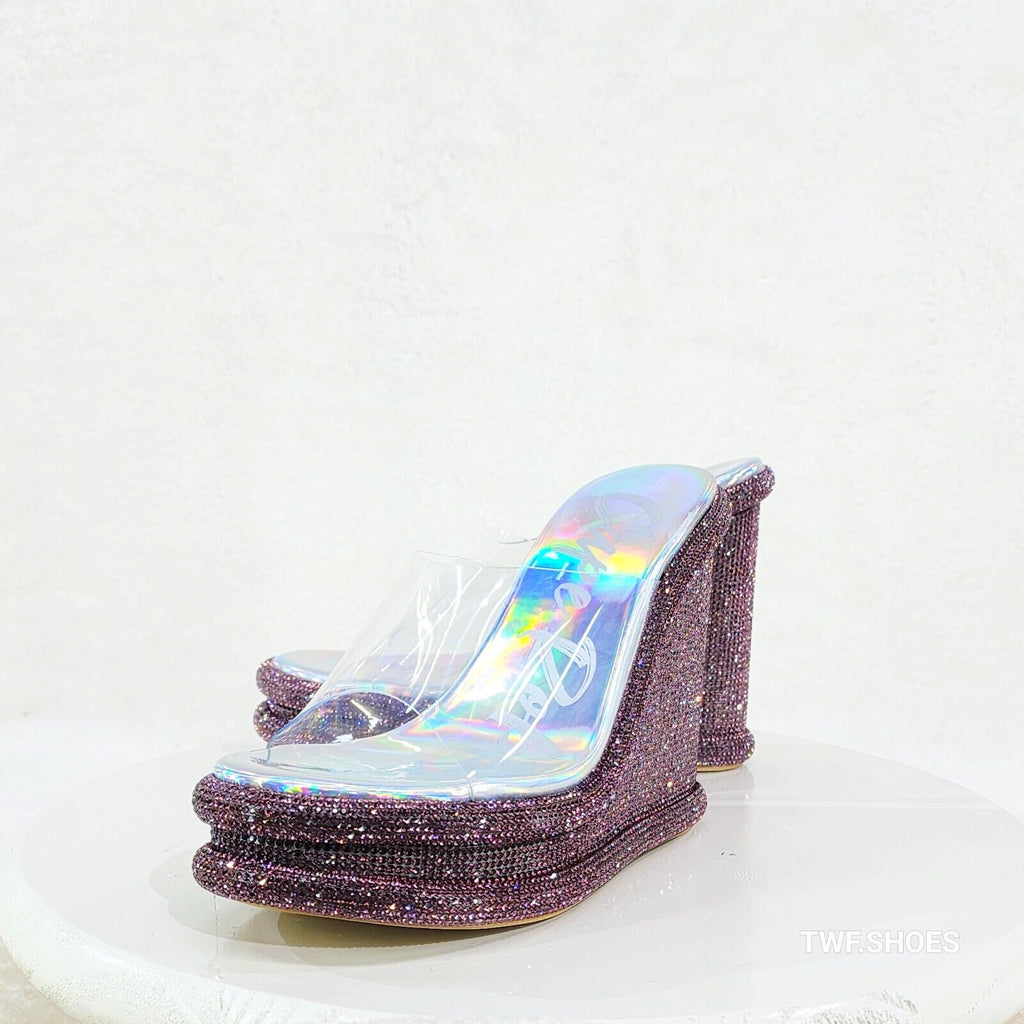 Zesty Purple Hologram Rhinestone Platform Wedge Heel Slip On Sandals