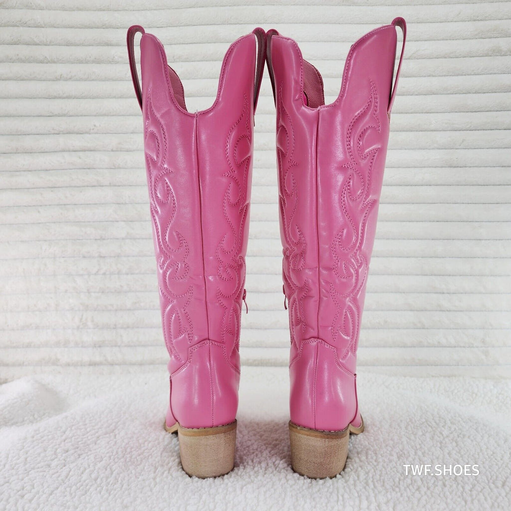 Dalton Barbi Pink Knee High Western Cowgirl Boots Wood Block Heels - Totally Wicked Footwear