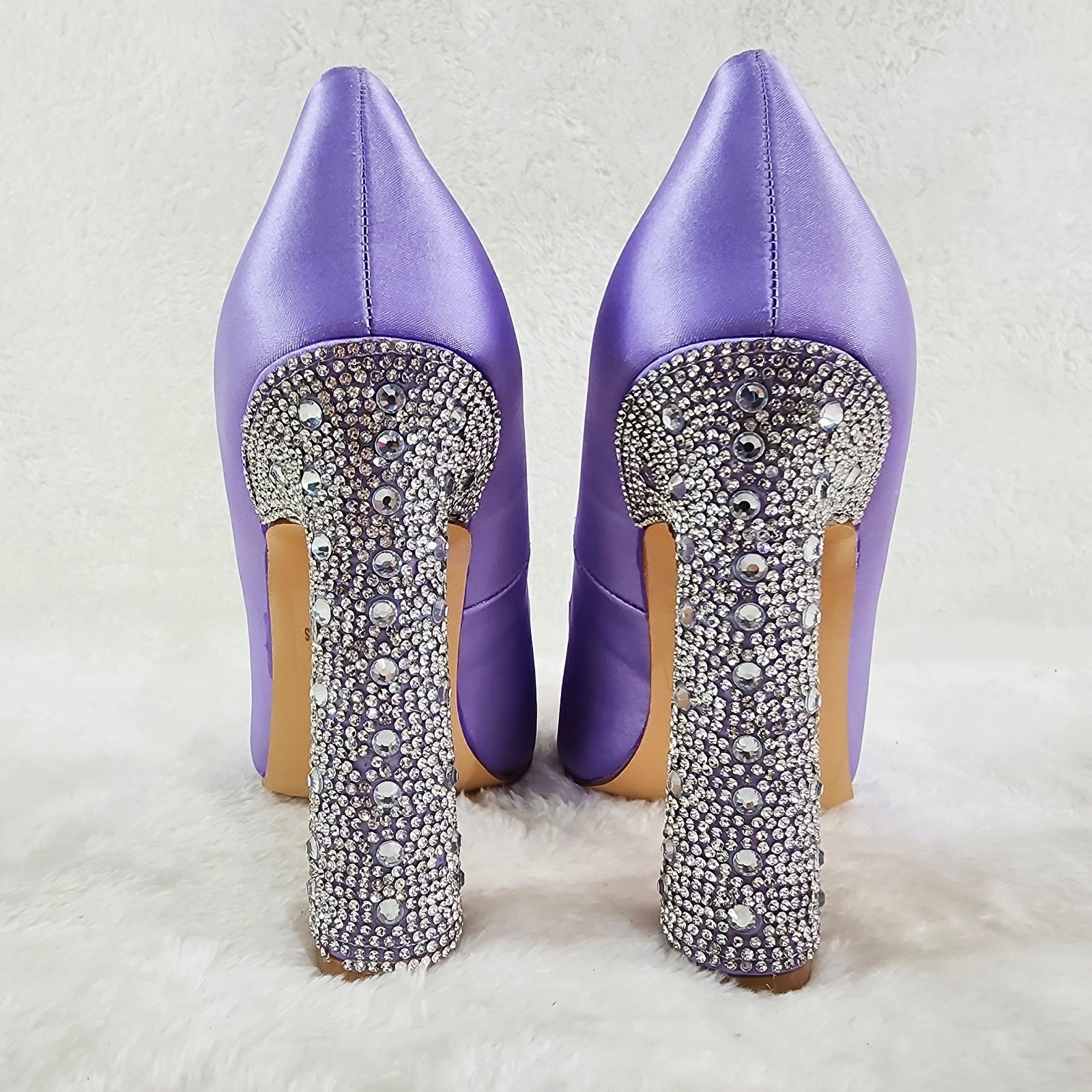 Klume Lilac Purple Satin Pumps Chunky Rhinestone High Heel Evening Party Shoes