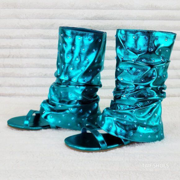 Fabulous Metallic Green Mermaid Upper & Rhinestones Sandal Slouch Boots Shooties - Totally Wicked Footwear