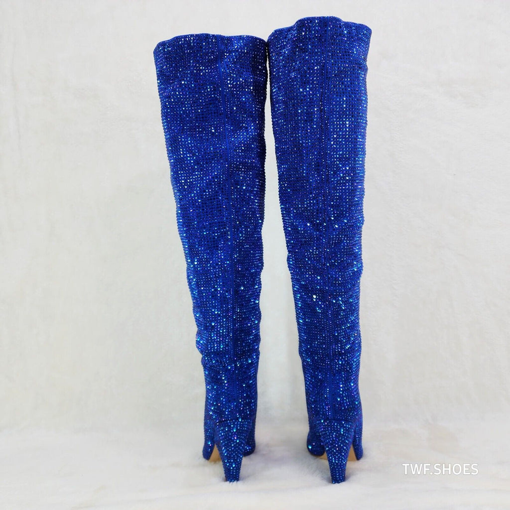 Vegas Blue Rhinestone Over the Knee Thigh boots 4.25" Heels Party Boots - Totally Wicked Footwear