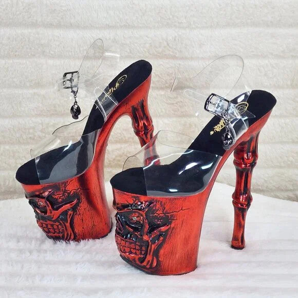 Rapture Clear Metallic Red Skull & Bones 8" High Heel Platform Shoes - Totally Wicked Footwear