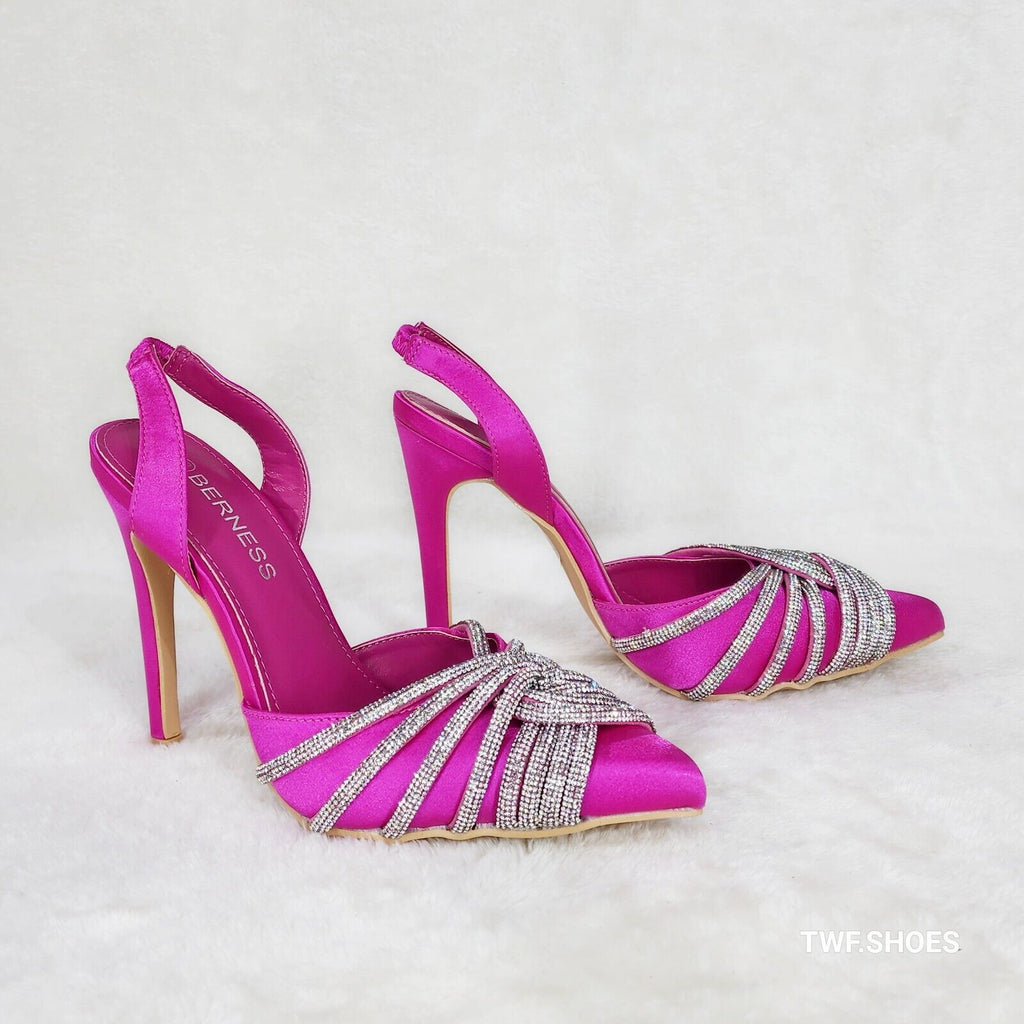 Elegance Slip on Slingback Fuchsia Satin Rhinestone Pointy Toe High Heels Shoes