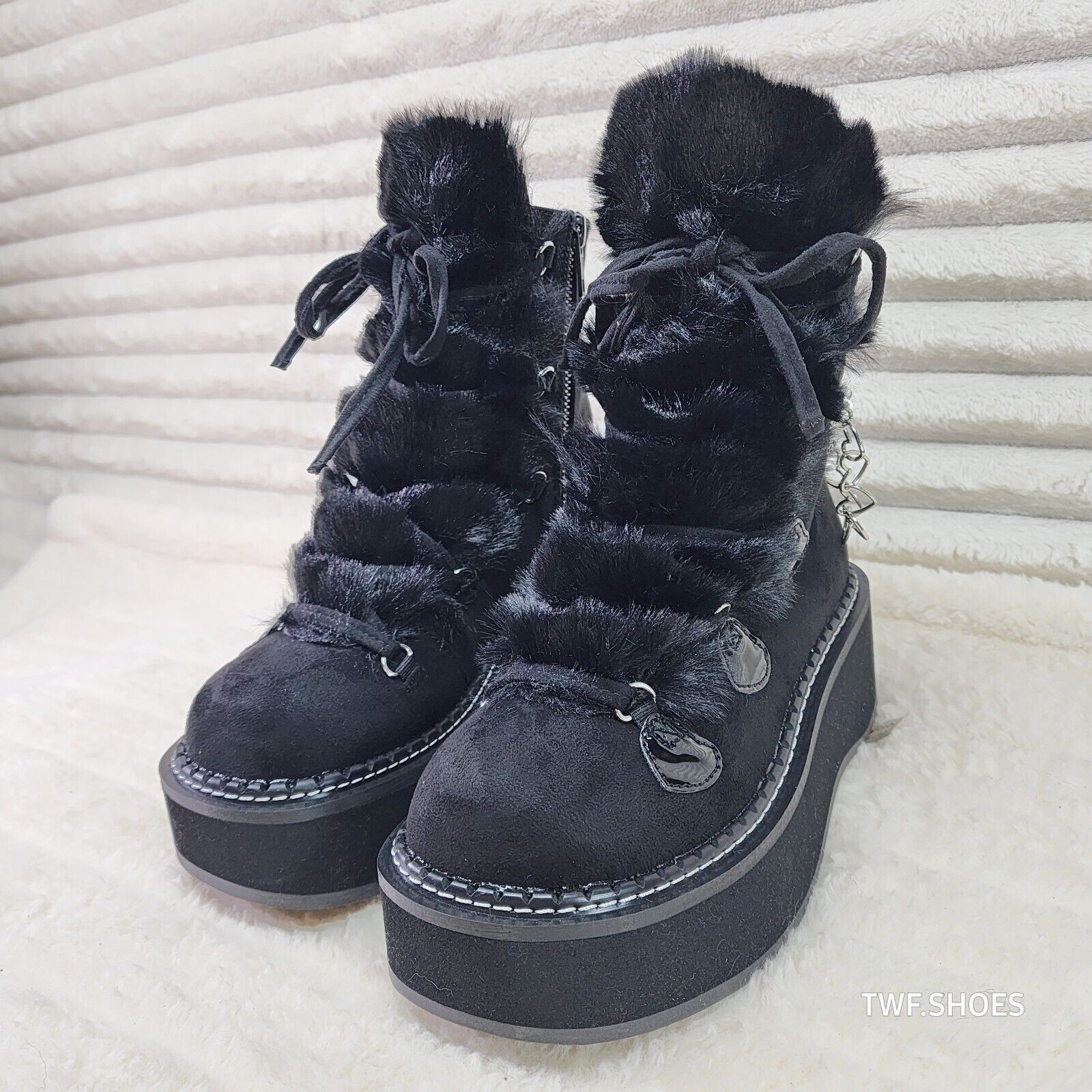 Emily Black Furry Heart Chain Goth 2" Platform Ankle Boots 55 Faux Fur - Totally Wicked Footwear