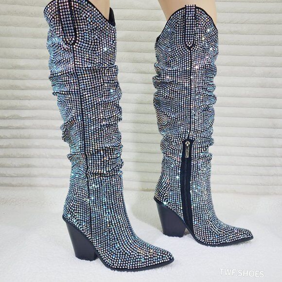 Cape Robbin Diamond Rider Rhinestone Glamour Western Slouch Draped Knee Boots - Totally Wicked Footwear