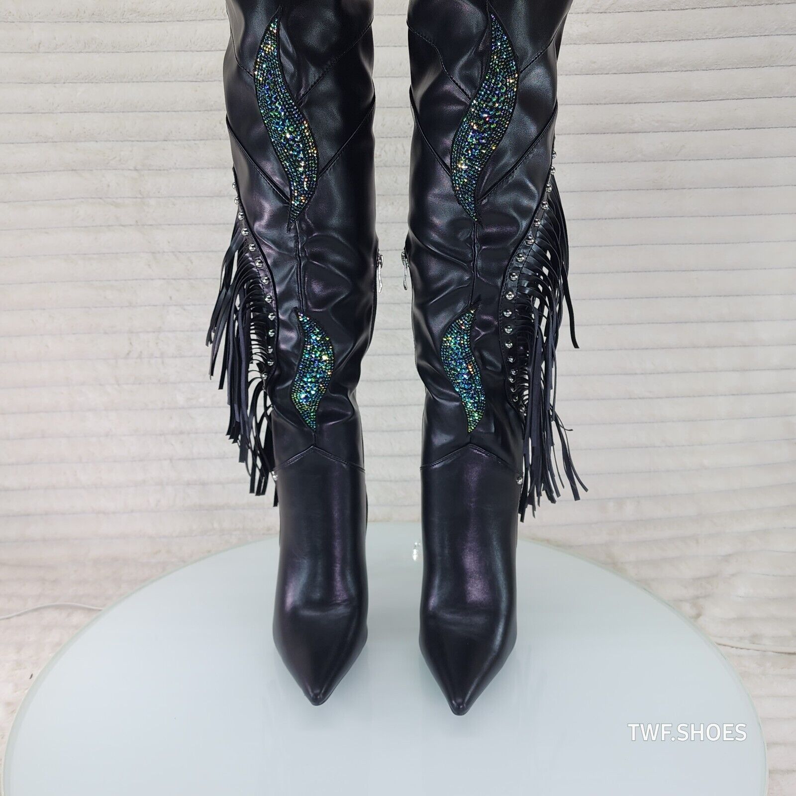 Frenzy Black Fringe Rhinestone Over The Knee Thigh Boots Azalea Wang - Totally Wicked Footwear