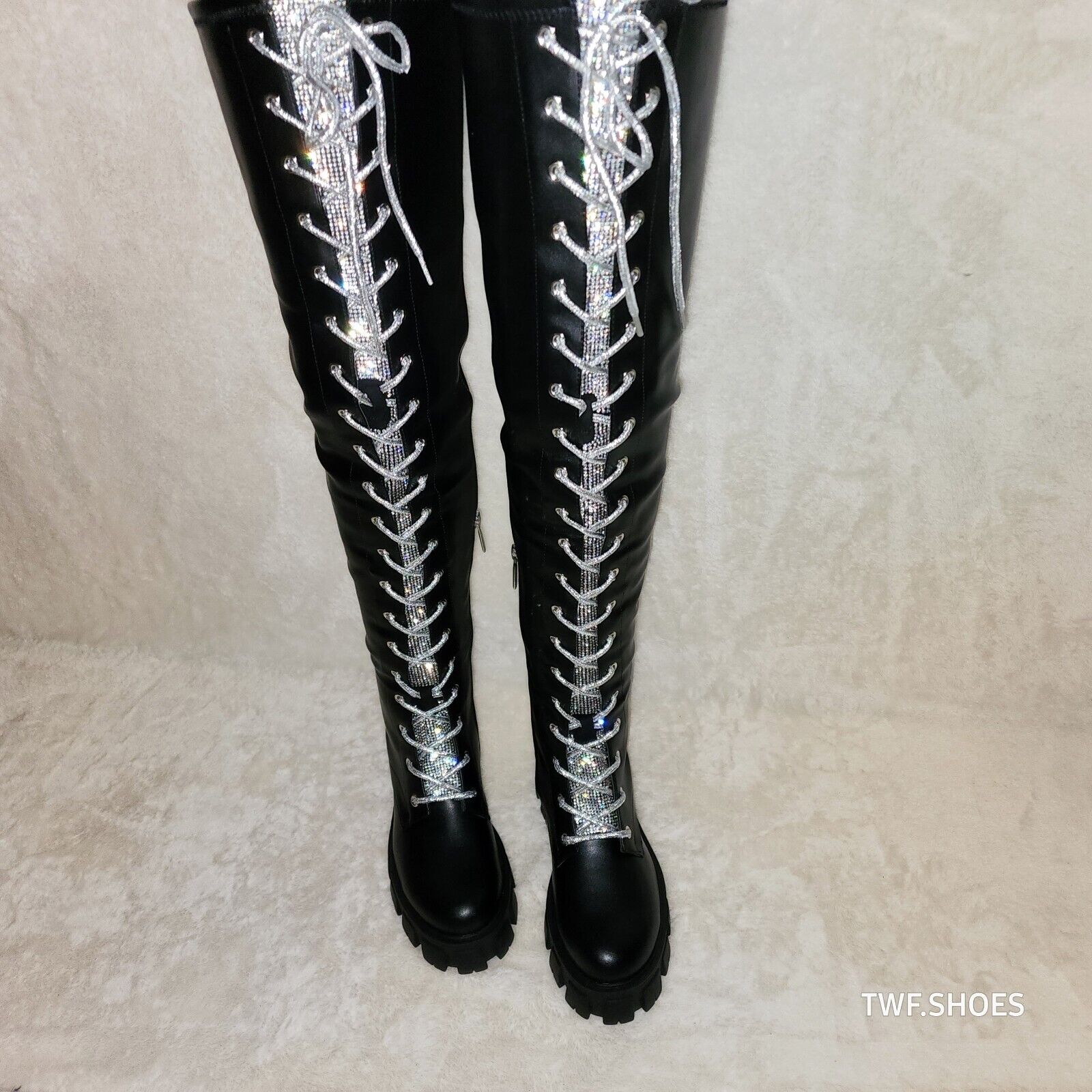 Roscoe Black Combat Thigh High Boots Iridescent Rhinestone Tongue Metallic Laces - Totally Wicked Footwear
