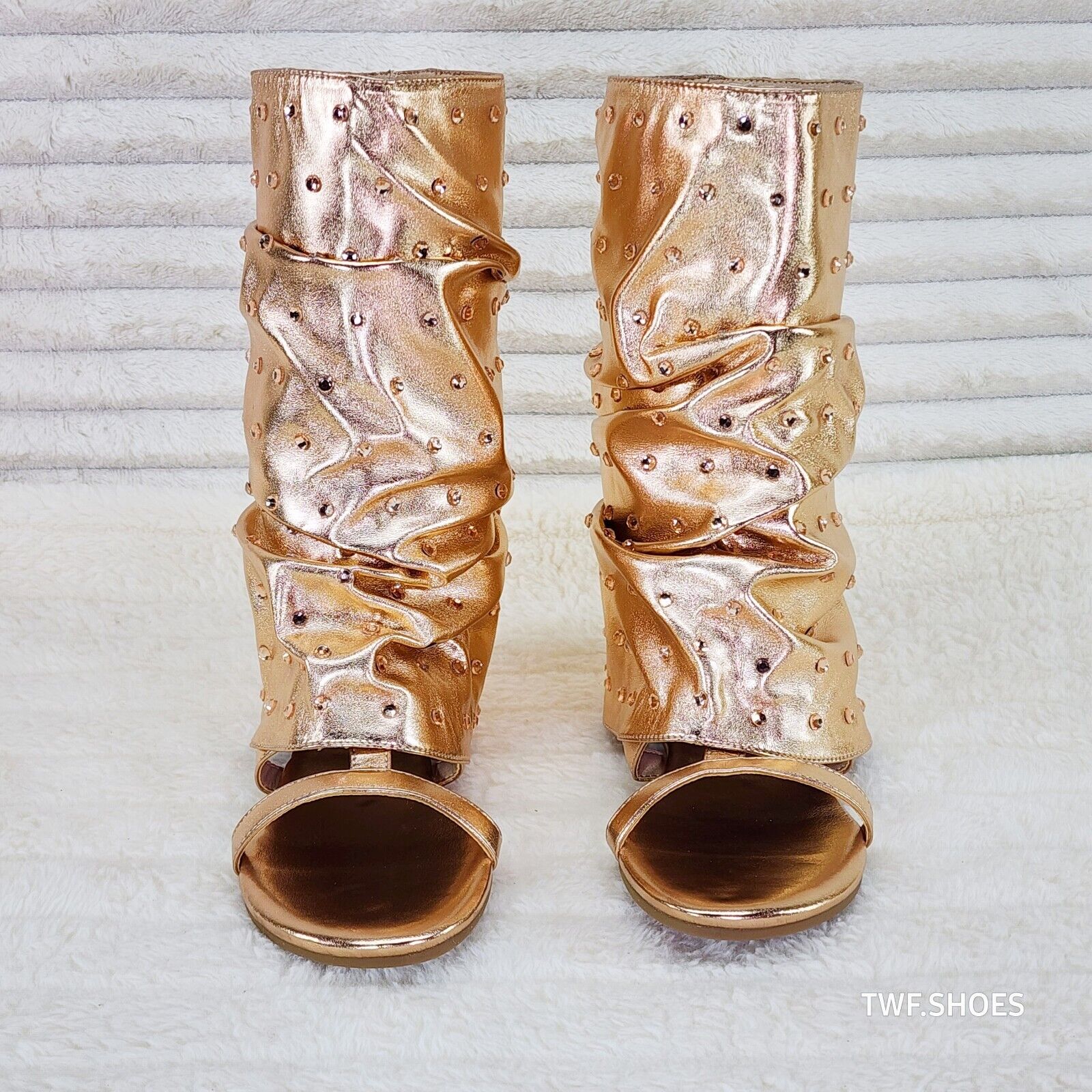 Fabulous Metallic Rose Gold Upper & Rhinestones Sandal Slouch Boots Shooties - Totally Wicked Footwear