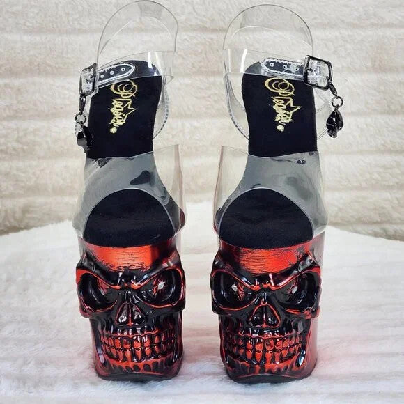 Rapture Clear Metallic Red Skull & Bones 8" High Heel Platform Shoes - Totally Wicked Footwear
