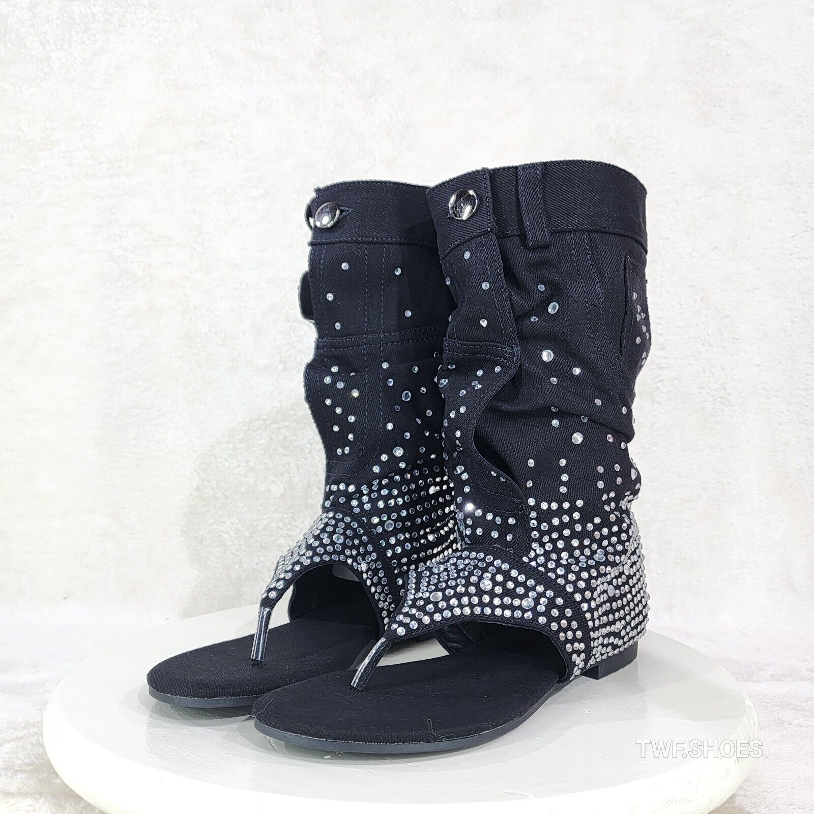 Perplex Black Denim & Rhinestones Sandal Slouch Boots Shooties - Totally Wicked Footwear