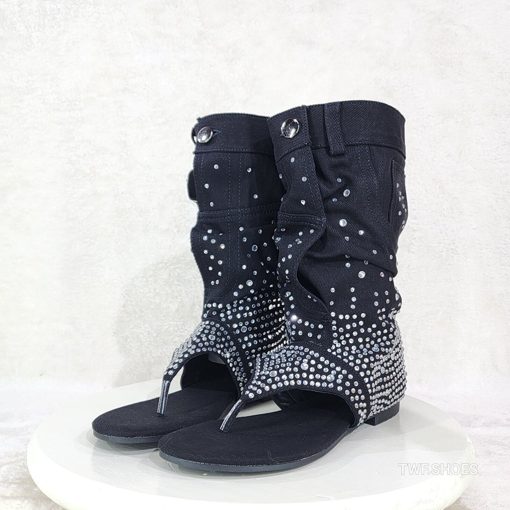 Perplex Black Denim & Rhinestones Sandal Slouch Boots Shooties