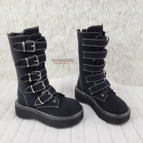 Emily 341 Black Canvas 2" Platform Mid Calf Combat Boots NY DEMONIA - Totally Wicked Footwear