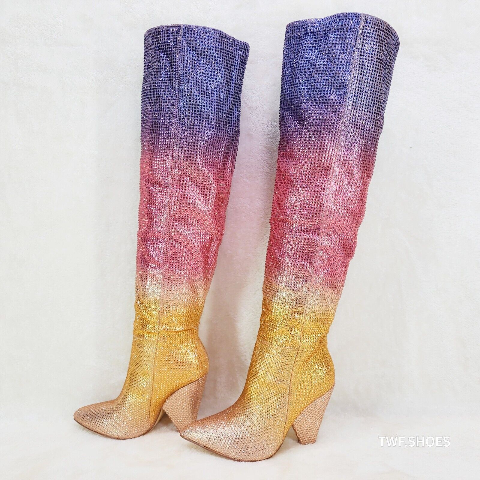Vegas Gold Ombre Rhinestone OTK Thigh boots 4.25" Heels Party Boots Pink Purple - Totally Wicked Footwear