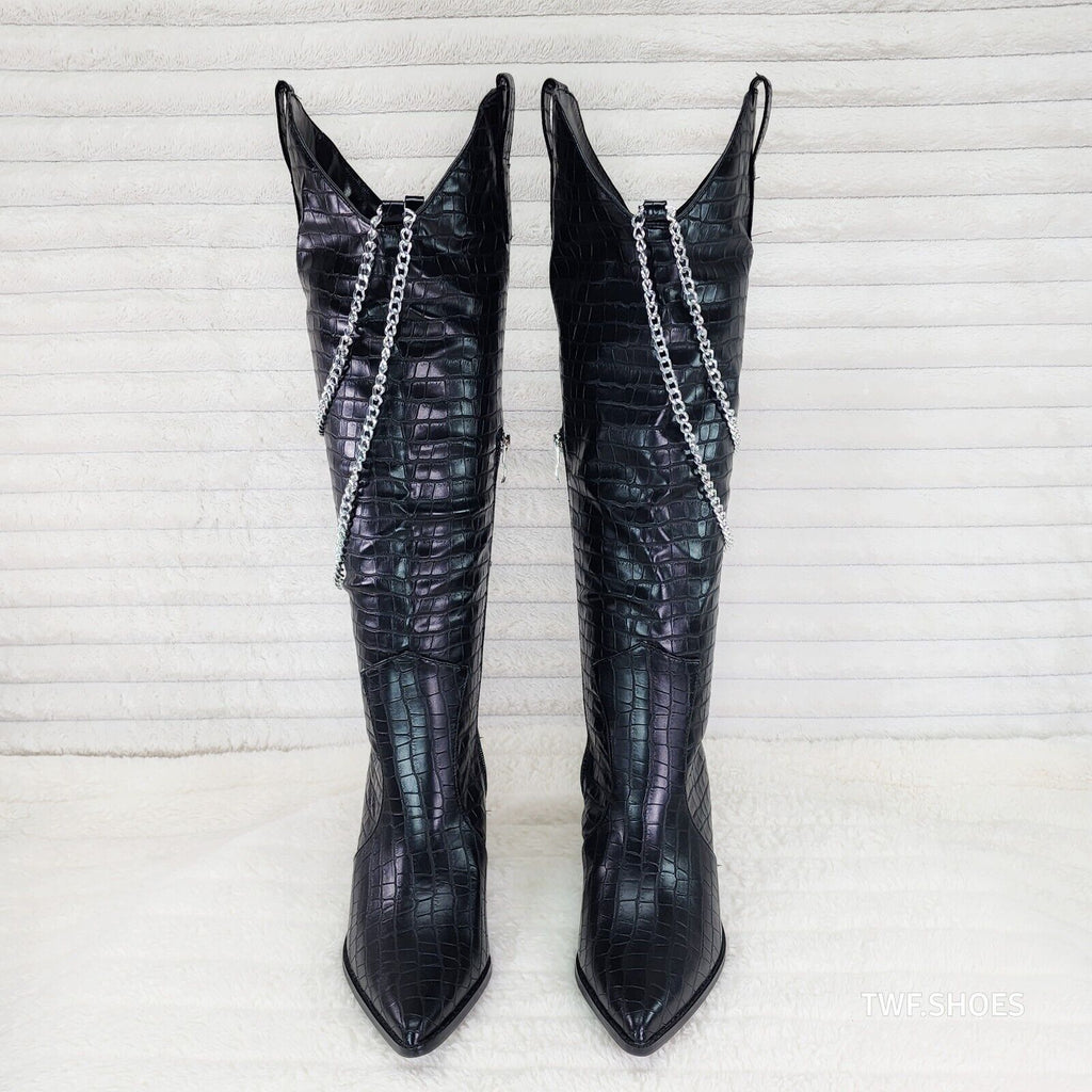Dallas Black Snake Texture Western Knee High Draped Chain Cowgirl Boots - Totally Wicked Footwear