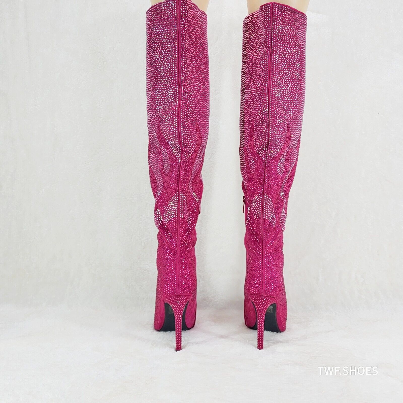 Fiery Desire Hot Fuchsia Pink Rhinestone Flame Detail Sexy OTK Thigh Boots - Totally Wicked Footwear