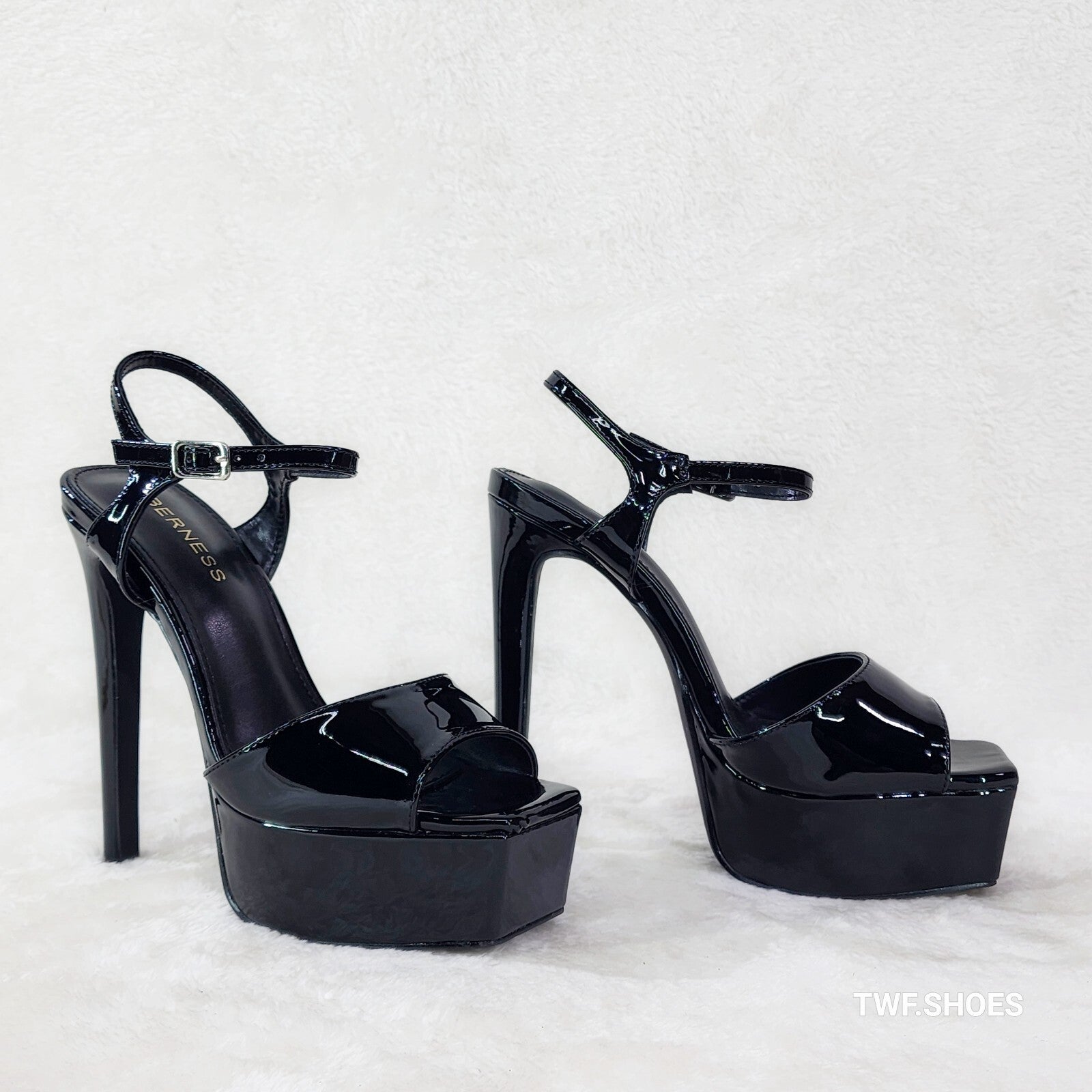 Gwen Glossy Black Patent Platform Open Toe 6" Stiletto High Heel Shoes