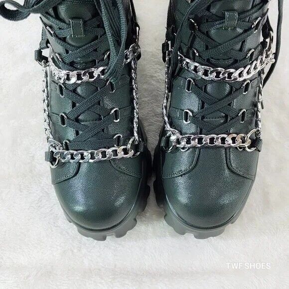 Emo Stomp 2" Platform Stomper Ankle Boots With Chain Design Faux Leather Green