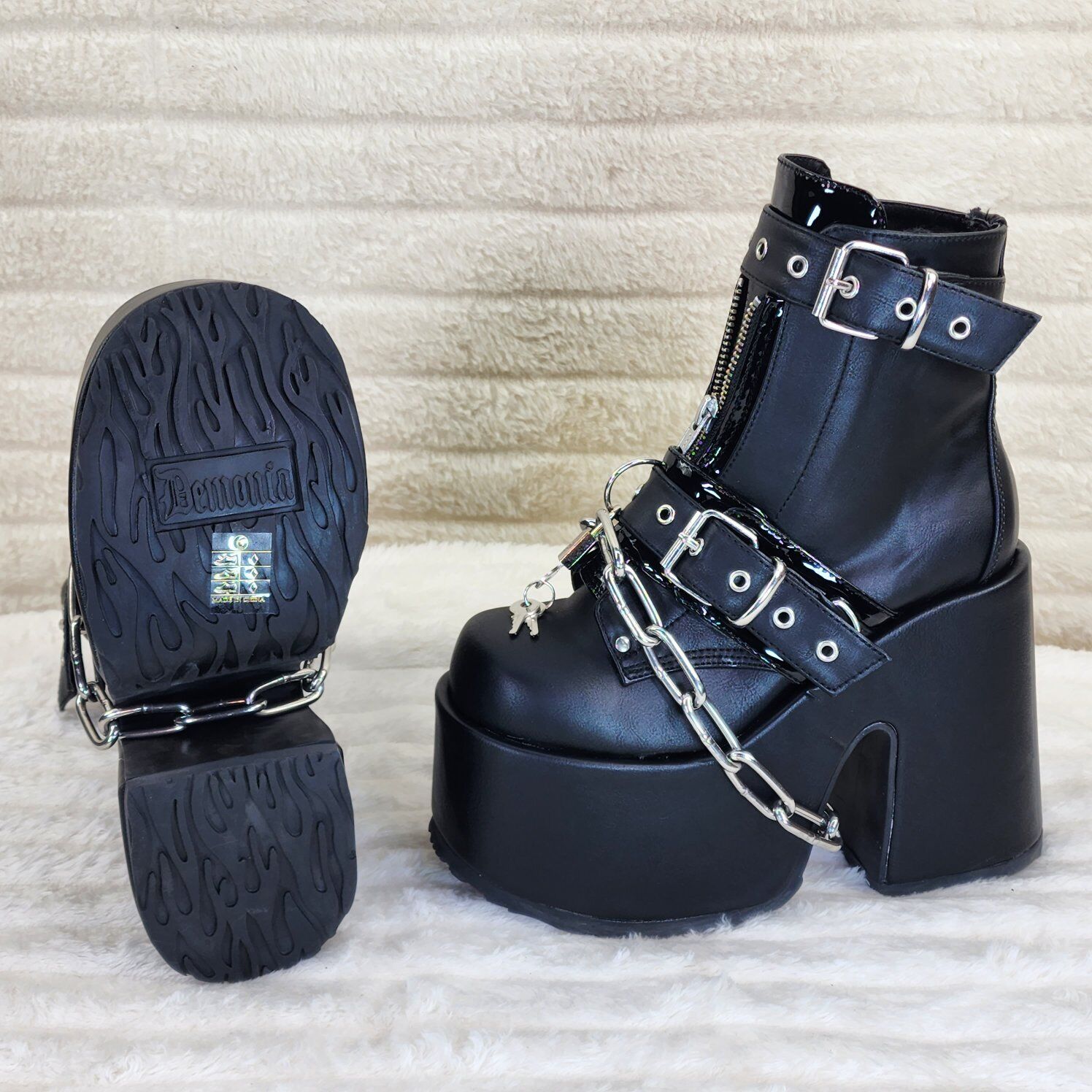 Camel 205 Chain & Padlock Platform Goth Ankle Boots Front Zipper & Straps - Totally Wicked Footwear