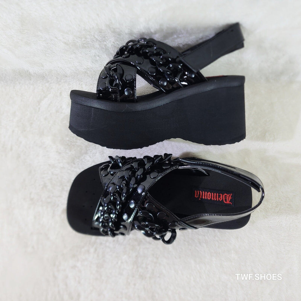 Funn 12 Black Patent Chain Wedge Platform Goth Slingback Strap Sandals Shoe - Totally Wicked Footwear