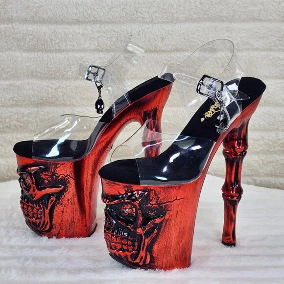Rapture Clear Metallic Red Skull & Bones 8" High Heel Platform Shoes - Totally Wicked Footwear