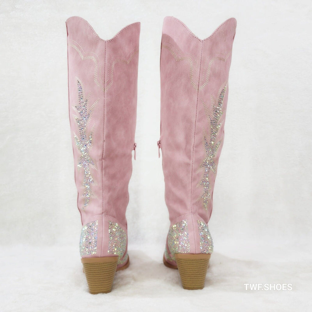 Annie Pink Leatherette With Rhinestones Country Glam Western Cowgirl Knee Boots - Totally Wicked Footwear