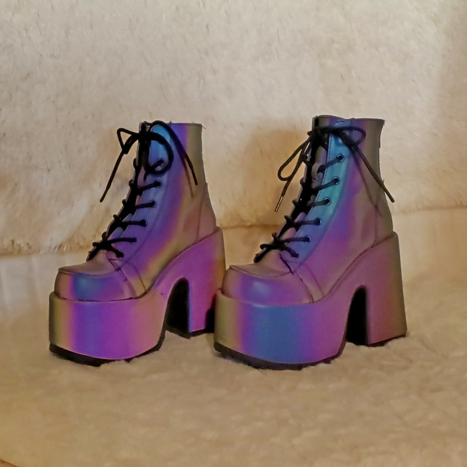 DEMONIA Camel 203 Purple Green Reflective Platform Goth Punk Ankle Boots NY