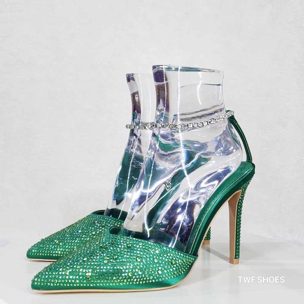 Simply Sexy Slip on Ankle Bracelet Green Rhinestone Pointy Toe High Heels Shoes