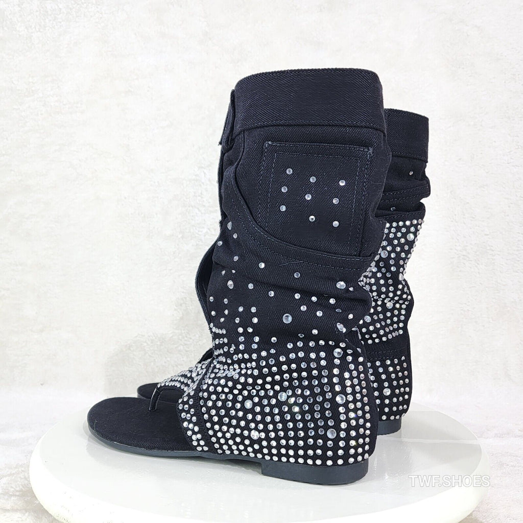 Perplex Black Denim & Rhinestones Sandal Slouch Boots Shooties