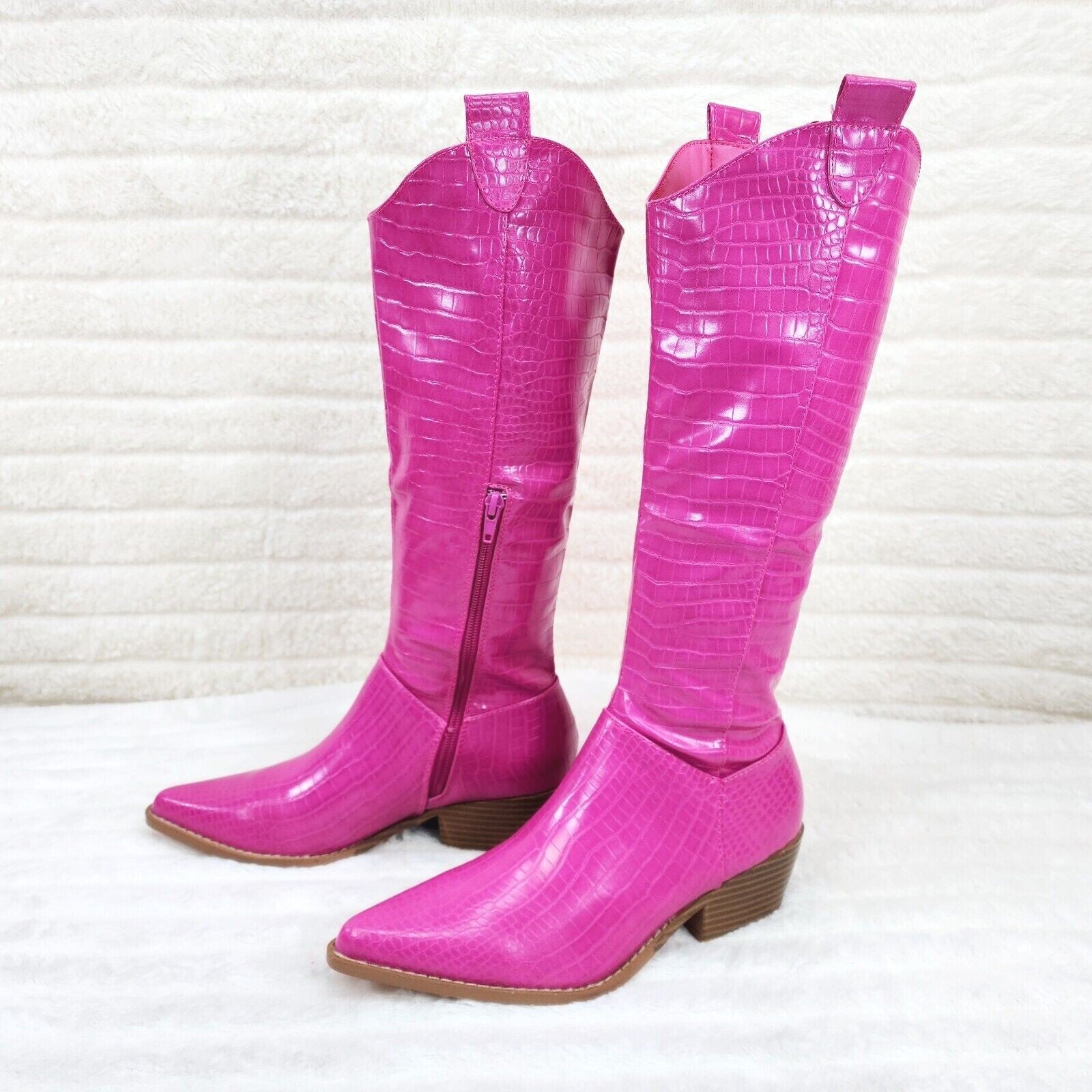 Sassy Fuchsia Hot Pink Snake Texture Western Knee High 2" Heel Cowgirl Boots