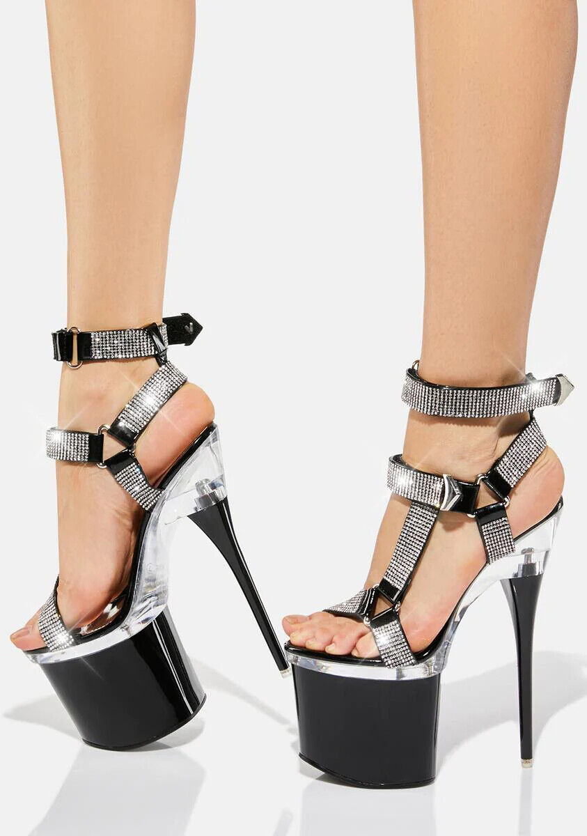 Bulls Black Slim Stiletto 8" Heel Rhinestone Harness Strap Platform Shoes - Totally Wicked Footwear