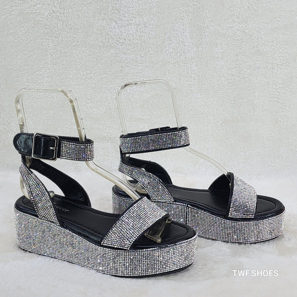 Flashy Black Ankle Strap Sparkling Rhinestone Wedge 2" Platform Sandals Comfy - Totally Wicked Footwear
