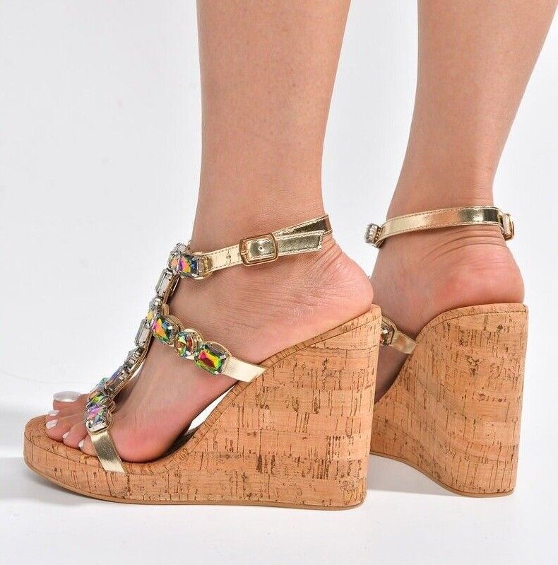 Summer Time Colorful Jeweled Cork Wedge High Heel Sandals - Totally Wicked Footwear
