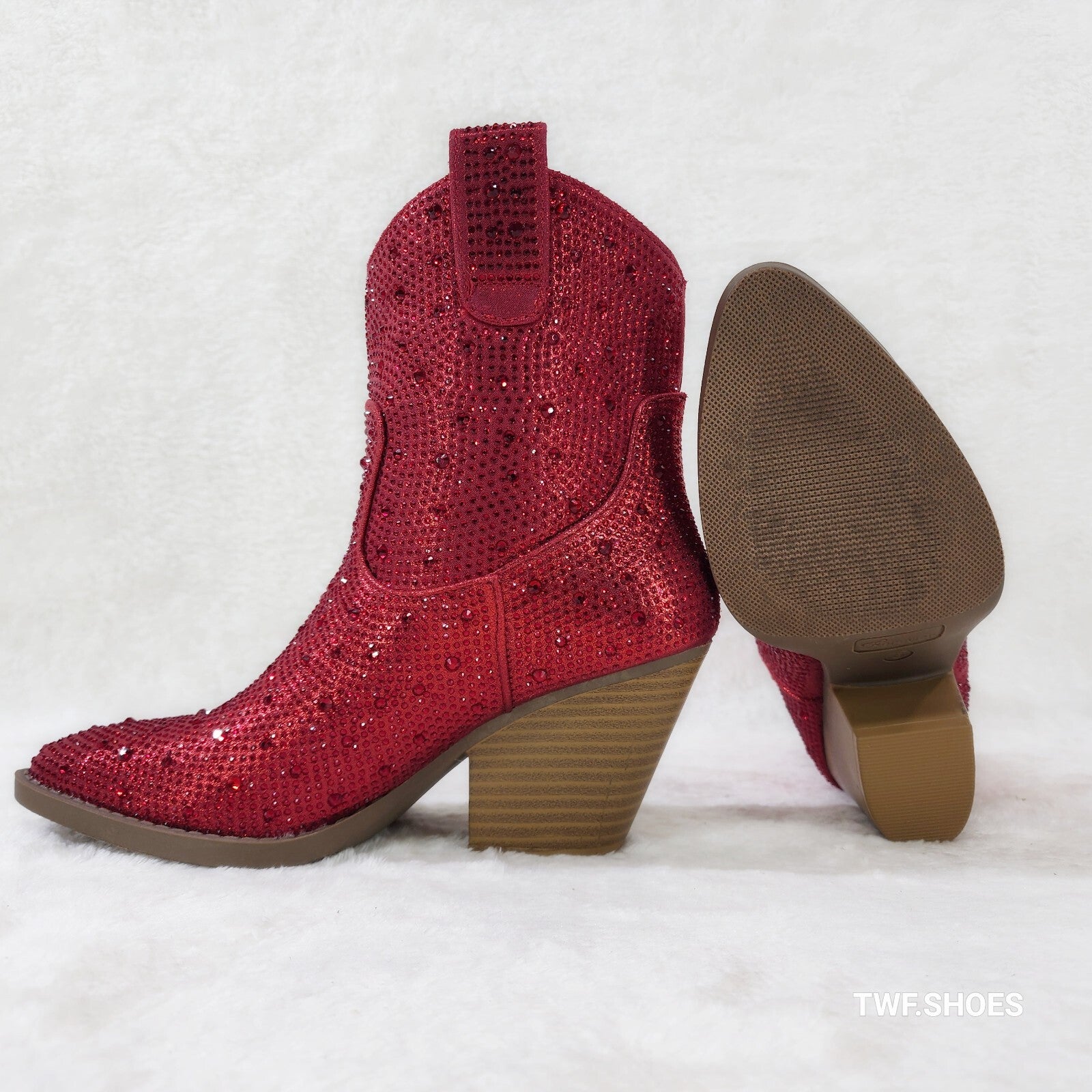 Dolly Red Rhinestone Glitter Disco Cowgirl Country Glam Western Ankle Boots