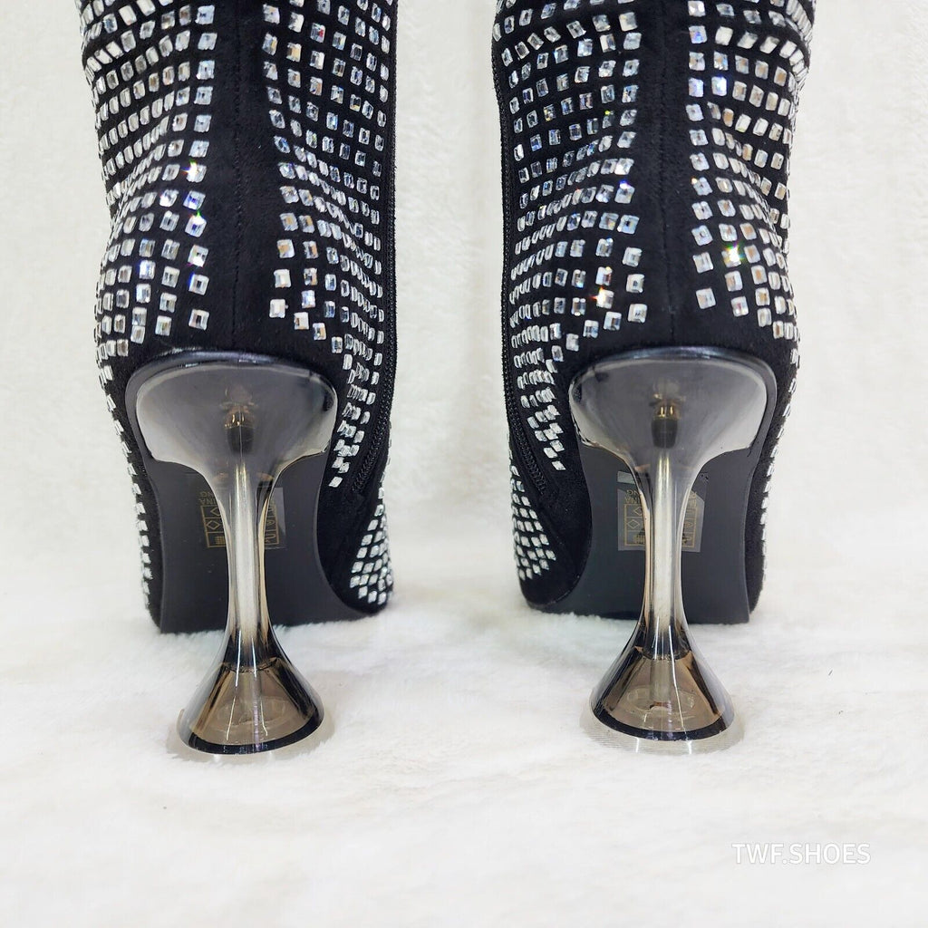 Glamour Shot Mirrored Rhinestone Tinted 4" Pyramid Heel Knee Boots Black - Totally Wicked Footwear