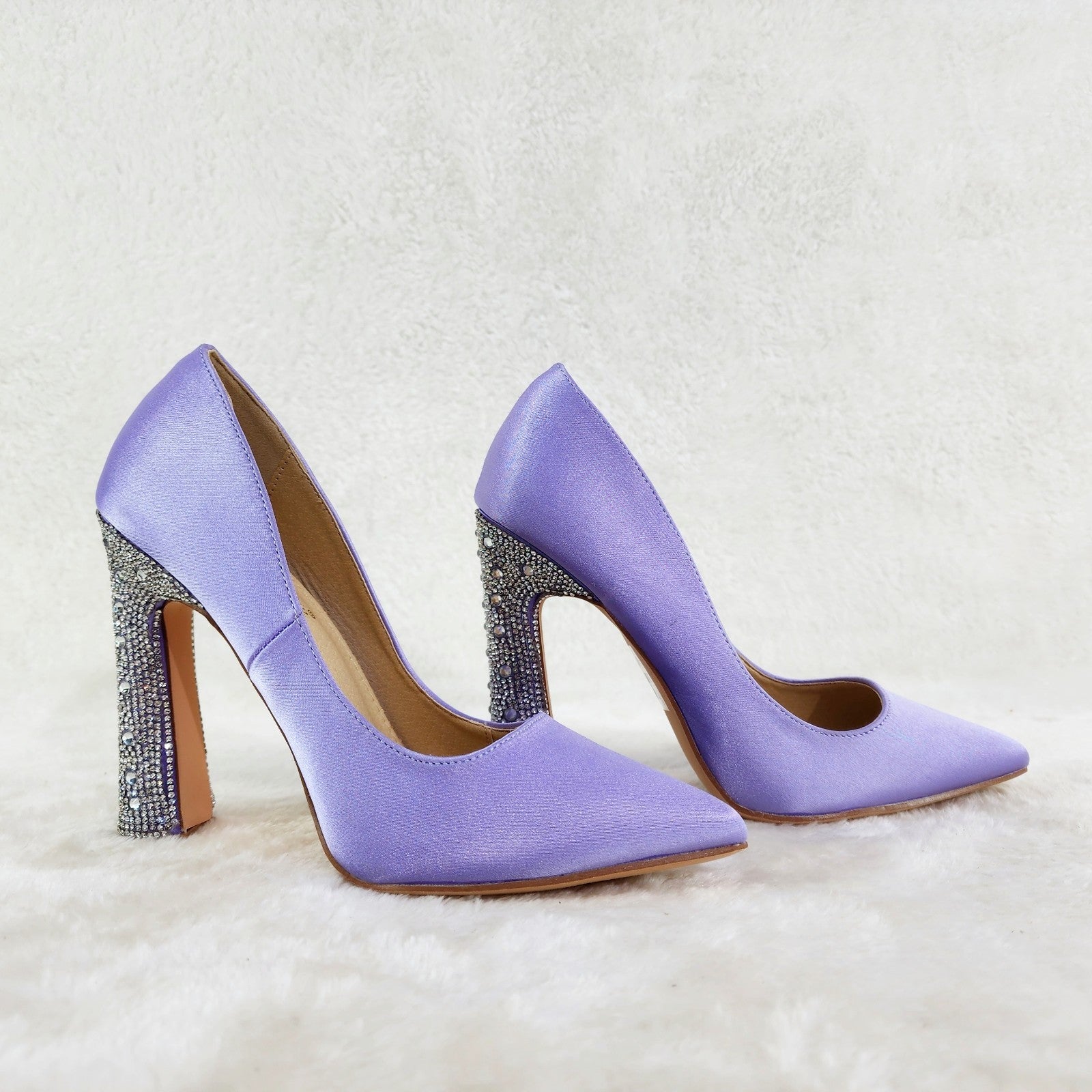 Klume Lilac Purple Satin Pumps Chunky Rhinestone High Heel Evening Party Shoes