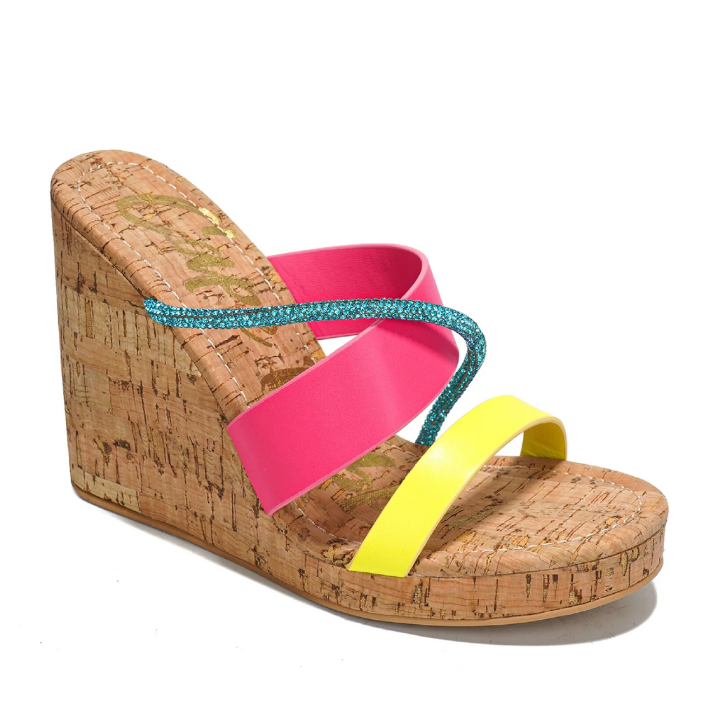 Xando Slip On Cork Wedge Slides Multi Size Triple Straps Neon Rhinestones - Totally Wicked Footwear