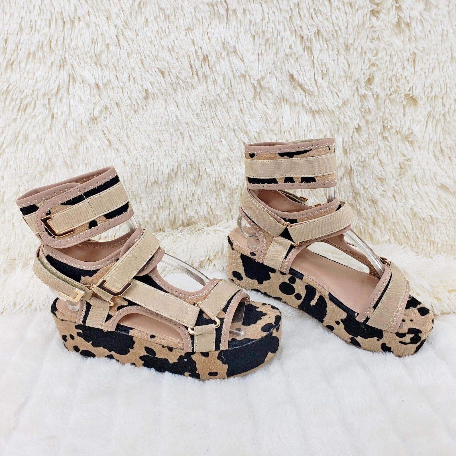 Mia Brown Black Cow 2" Platform Comfy Harness Sandals