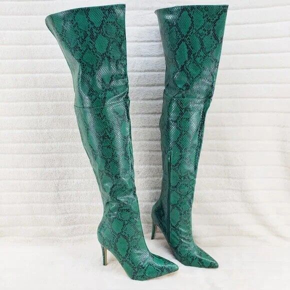 Brand New Bad Girlz Green Snake Wide Top Thigh High Heel Boots - Totally Wicked Footwear
